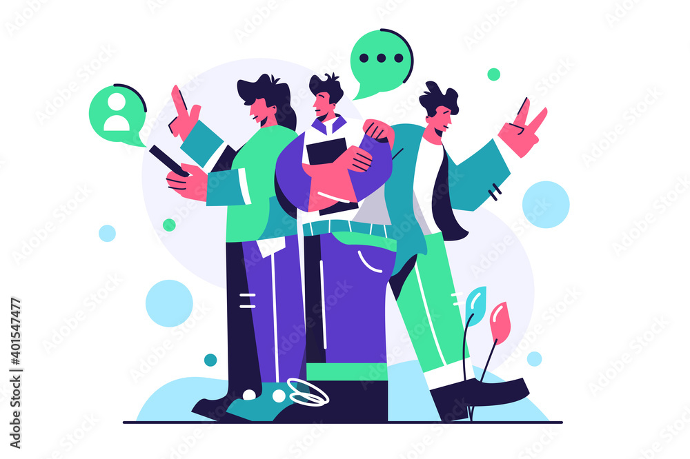 A group of colleagues are standing next to each other and discussing a project, a girl in the phone, a guy folded his arms, isolated on a white background, flat vector illustration A group of colleagues are standing next to each other and discussing a project, a girl in the phone, a guy folded his arms, isolated on a white background, flat vector illustration