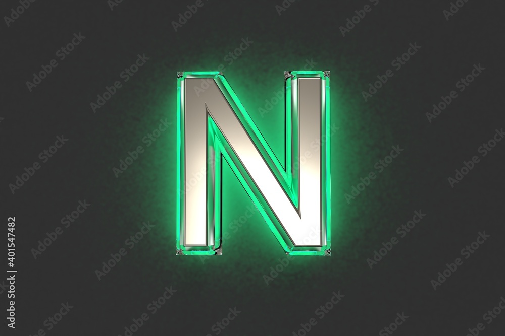 Silver metalline with emerald outline and green noisy backlight alphabet - letter N isolated on dark, 3D illustration of symbols Silver metalline with emerald outline and green noisy backlight alphabet - letter N isolated on dark, 3D illustration of symbols