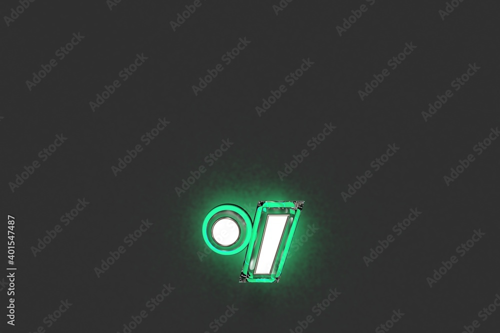 Silver metallic with emerald outline and green backlight alphabet - period (full stop) and comma isolated on grey background, 3D illustration of symbols