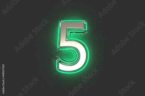 Silver metal with emerald outline and green backlight alphabet - number 5 isolated on grey background, 3D illustration of symbols