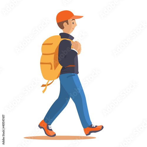 Hiking man with a backpack on a white background. Vector isolated illustration in cartoon style.