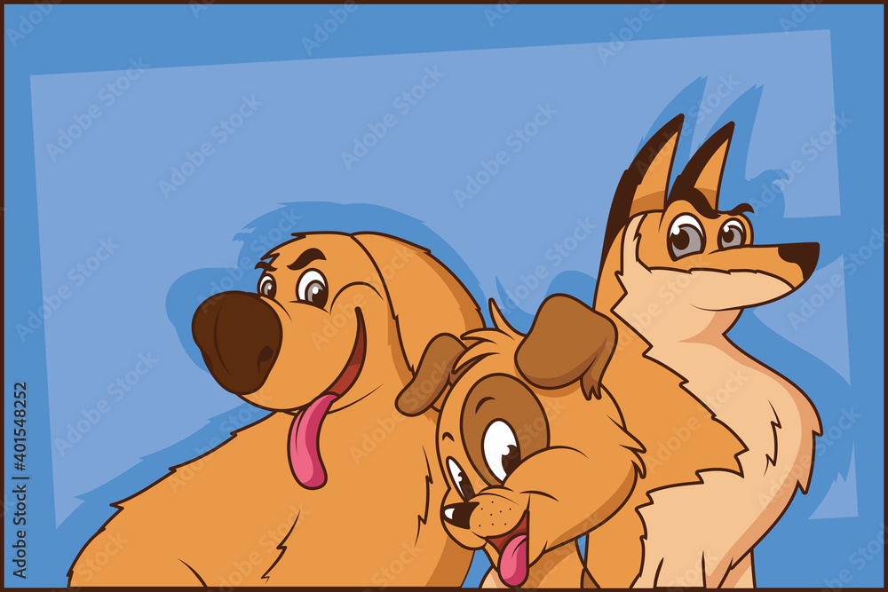 group of three dogs comic cartoon characters in blue background Stock  Vector | Adobe Stock