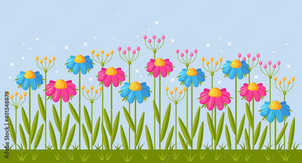 Summer or spring flower in green garden grass. Floral borders for greeting card. Vector cartoon design