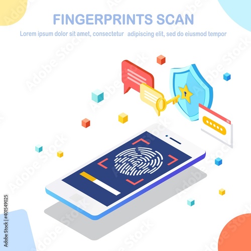 Fingerprint scan to mobile phone. Isometric design. Vector illustration