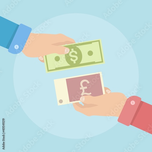 Money exchange. Economical process to trade dollar, sterling pound. Vector illustration