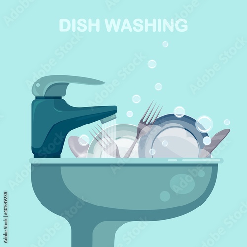 Kitchen sink with Dirty kitchenware, utensil, dishes, Messy house. Manual dishwashing or home cleaning