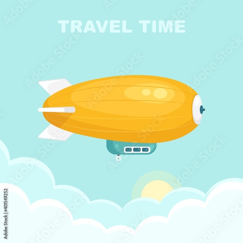 Dirigible flying in blue sky with clouds. Vintage airship, zeppelin. Travel by blimp