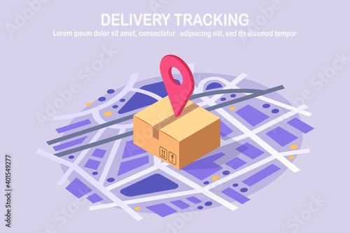 Order tracking. Isometric parcel with pin, pointer on map. Shipping of box, package, cargo transportation. Vector illustration