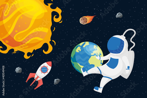 astronaut space character with planets and sun