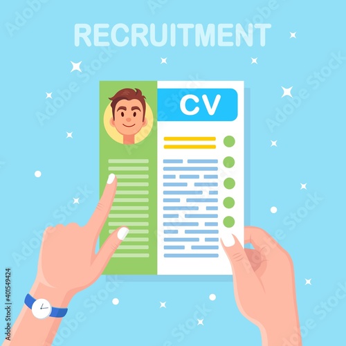 CV business resume in hand. Job interview, recruitment, search employer, hiring. Human resource