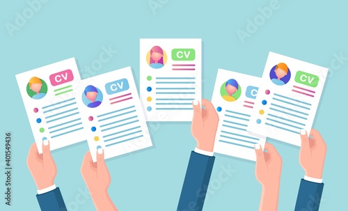 CV business resume in hand. Job interview, recruitment, search employer