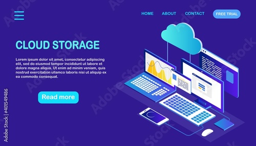 Cloud storage technology. Data backup. Isometric laptop, computer with phone. Hosting service
