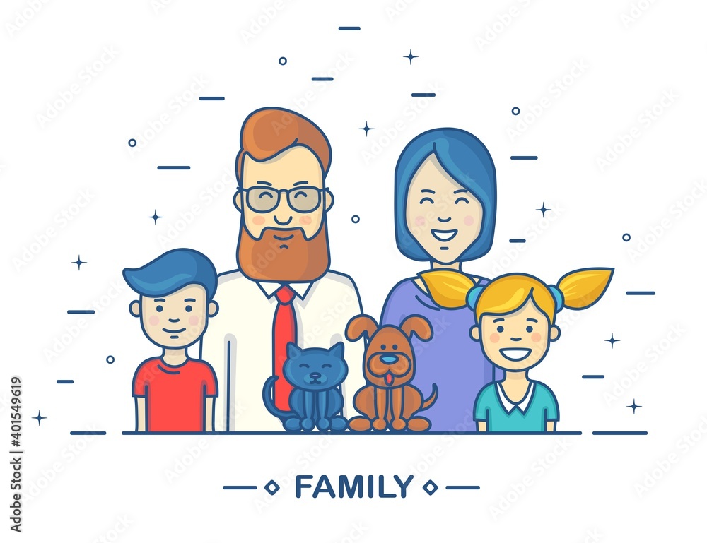 Funny family. Mother, father, brother and sister, dog and cat. Vector  cartoon illustration Stock Vector | Adobe Stock