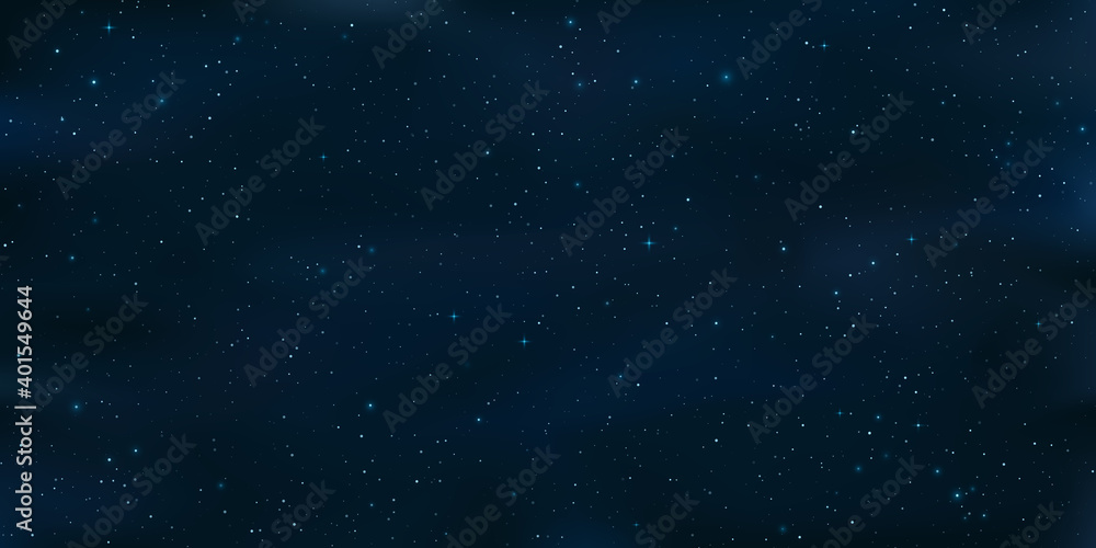 Realistic starry sky. Shining stars in the night sky. Galaxy objects. Cosmic background or wallpaper for your design. Vector illustration