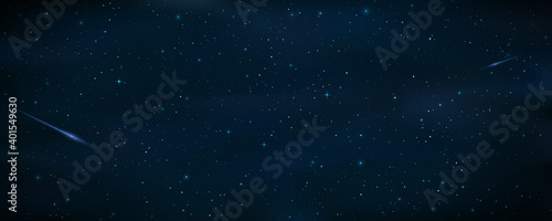 Realistic starry sky with a blue shooting star. Meteor falling. Shining stars in the night sky. Galaxy objects. Cosmic background or wallpaper for your design. Vector illustration
