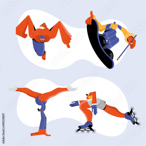 group of four athletes practicing sports characters