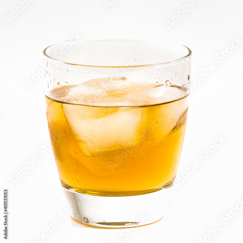 Whisky on the rocks white background