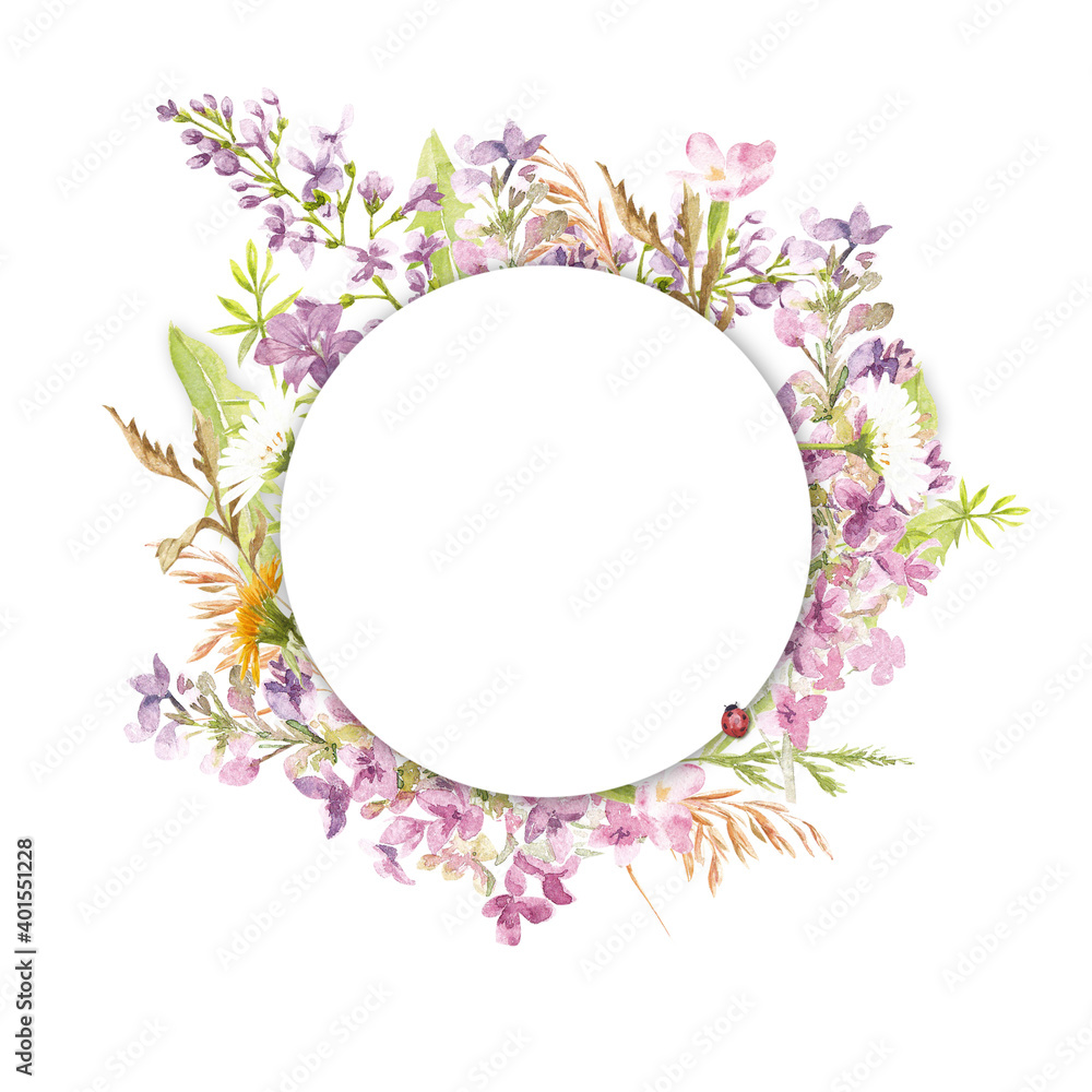 floral watercolor frame. Lilac flowers, dandelions and herbs. Great for the design of Internet posts, pages, for the design of greeting cards, congratulations, invitations.