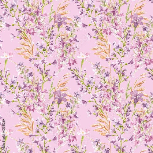 floral watercolor pattern. Seamless pattern with lilac flowers and herbs on a white background.