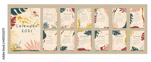 Annual calendar for 2021 with all months with tropical leaf elements in bohemian style. Modern bright colorful minimalistic abstract aesthetic illustrations. Vector background