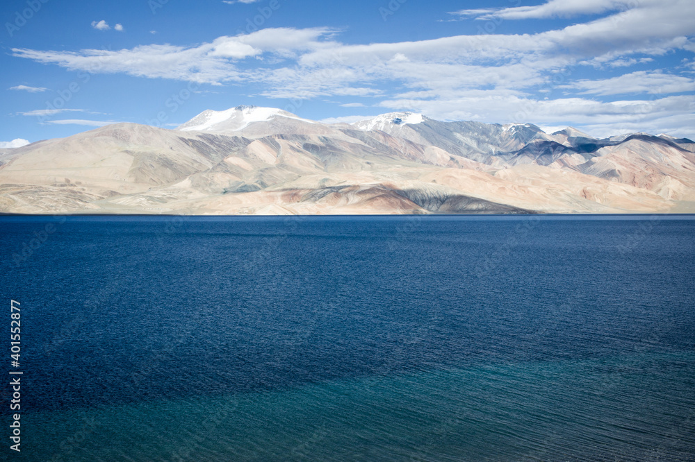 Alpine lake Tso Moriri, snowy peaks, alpine villages, Ladakh, Himalayas, India