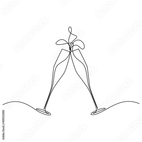 Glasses clinking in continuous line art drawing style. Holiday toasting minimalist black linear design isolated on white background. Vector illustration