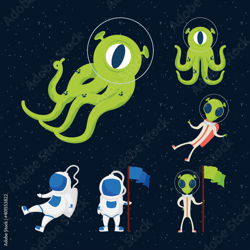 aliens and astronauts space set icons