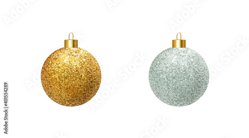 Vector golden and silver realistic Christmas balls. New Year and Christmas glitter decorative elements.