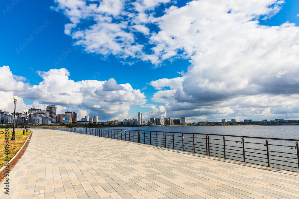 
the Kazanka river, on which the city is located, with comfortable embankments  in Kazan, Russia