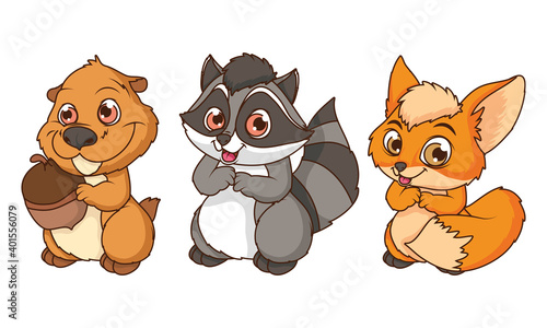 cute chipmunk with fox and raccoon comic cartoon characters