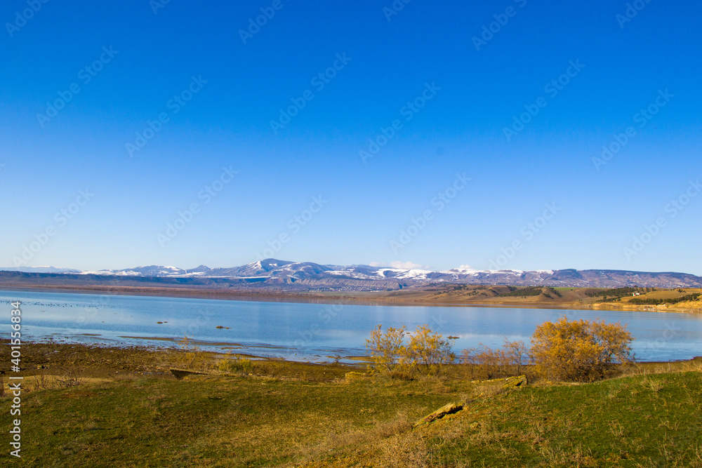 Landscape and view of lake during winter