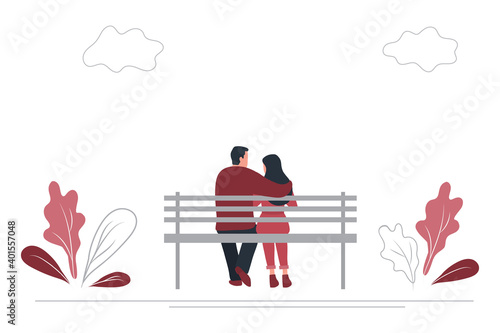 Young couple is sitting on a park bench. The man hugs the woman. Back view. There are also plants and clouds in the picture. Vector illustration