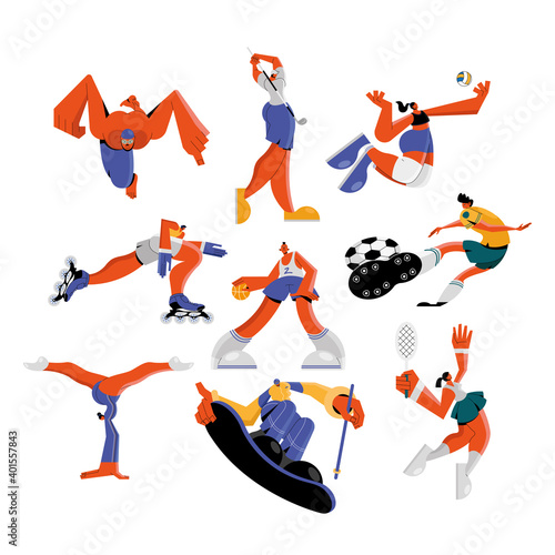 group of nine athletes practicing sports characters