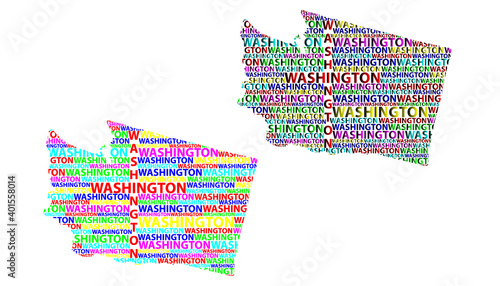 Sketch Washington (state) (United States of America) letter text map, Washington (state) map - in the shape of the continent, Map State of Washington - color vector illustration