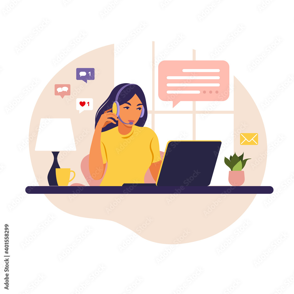 Operator girl with computer, headphones and microphone. Outsource, consulting, job online, remove job. Call center. Flat vector illustration on white background. Operator girl with computer, headphones and microphone. Outsource, consulting, job online, remove job. Call center. Flat vector illustration on white background.