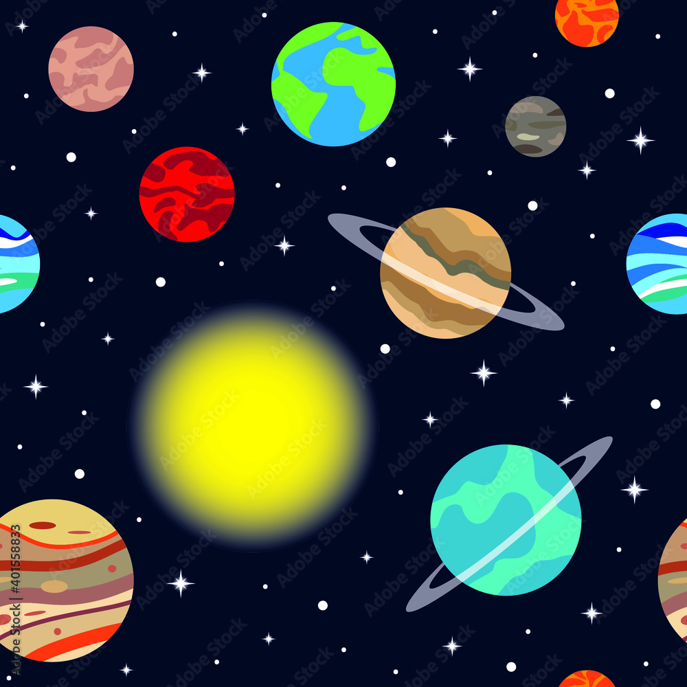 Naklejka premium Solar system planet seamless pattern. Galaxy, space, cosmic exploration. Vector illustration.