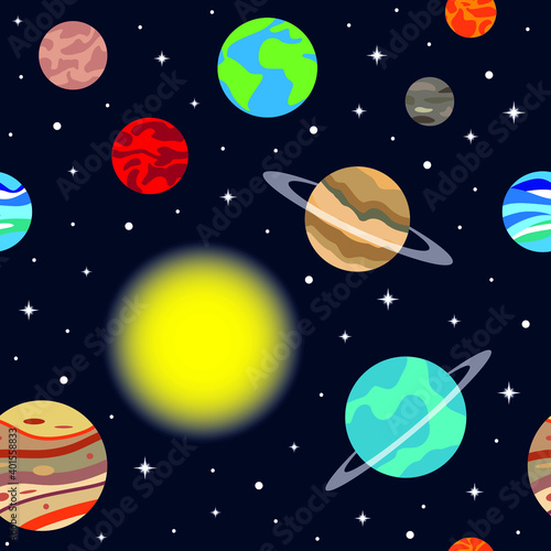 Solar system planet seamless pattern. Galaxy, space, cosmic exploration. Vector illustration.