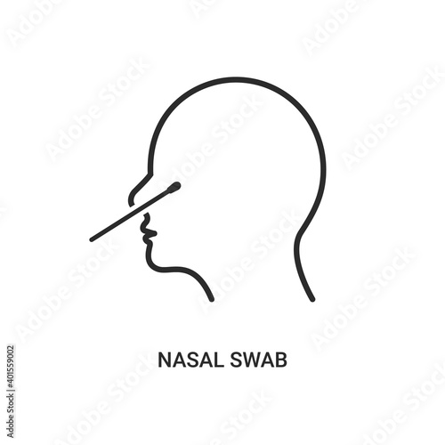 Covid nasal swab icon. Corona virus nasal pcr swab test line icon