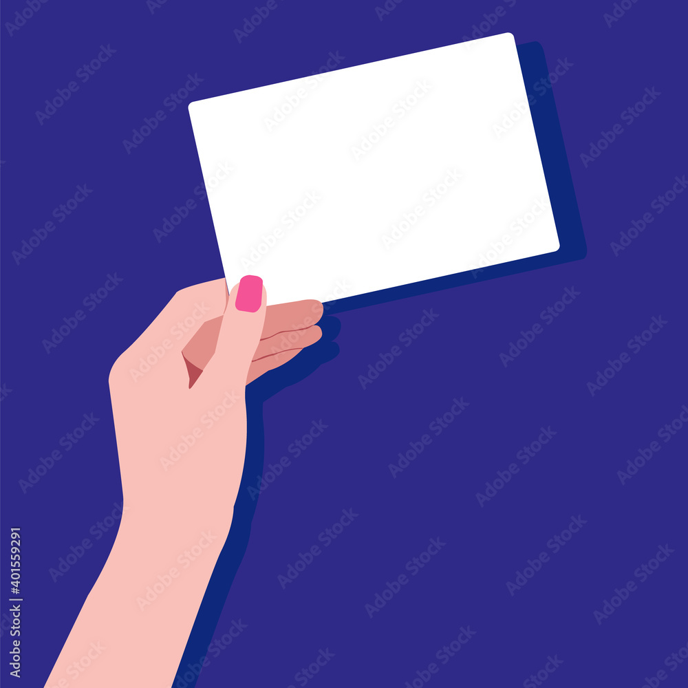 Vector banner Female hand holding white card. Flat design template. Business concept Vector banner Female hand holding white card. Flat design template. Business concept