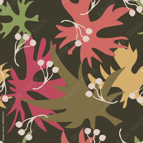 Autumn leaves background. Vector seamless pattern with colorful leaf silhouettes. Elegant abstract ornament texture in pastel colors, soft green, red, yellow tones. Modern doodle style illustration