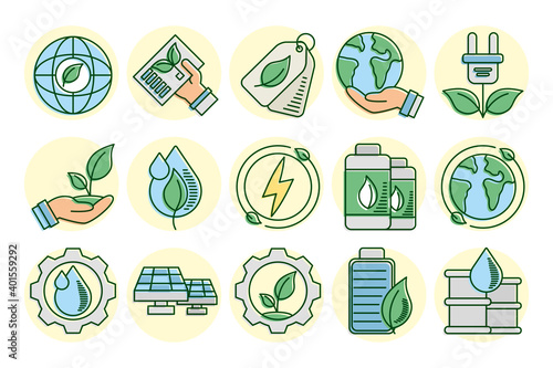 bundle of fifteen eco and earth line and fill style icons