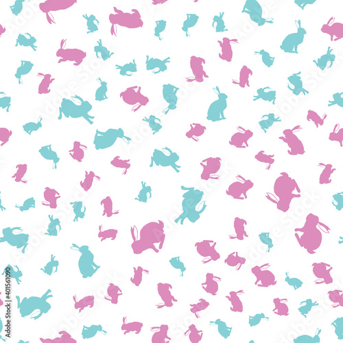 Seamless rabbit silhouette pattern with leaves and flowers to Easter holiday. Vector illustration.