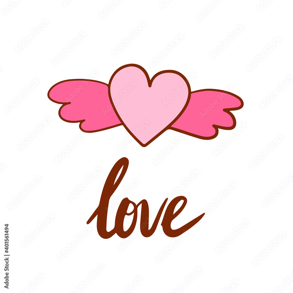 Pink heart with wings isolated on white background. Cartoon romantic hand drawn illustration and lettering love. Happy valentine's day. Cute sweet message for her, girlfriend. Retro gift sticker. 