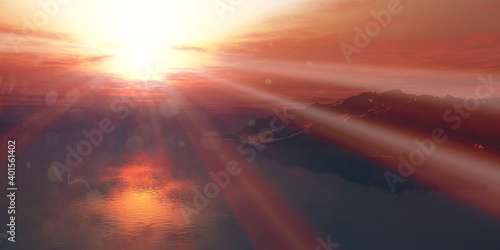Fototapeta Naklejka Na Ścianę i Meble -  above islands in sea sunset, illustration