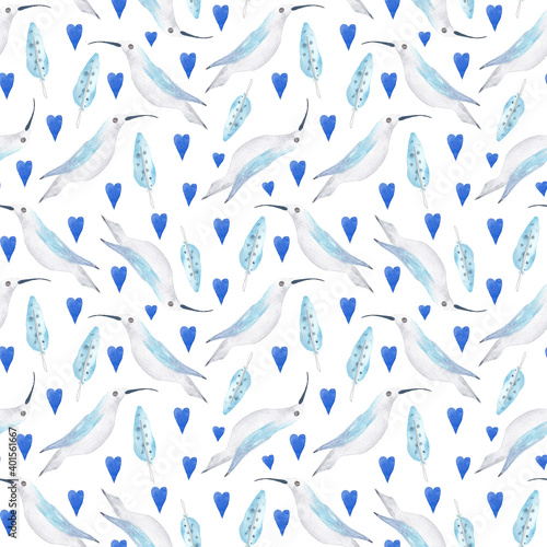 Watercolor birds and hearts seamless pattern. Watercolor fabric. Repeat birds Use for design invitations, birthdays
