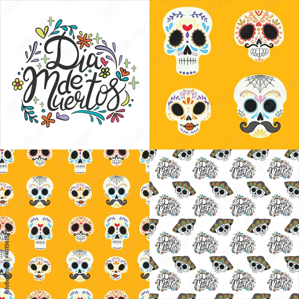 Set of seamless patterns with skulls, flowers and candles for Dia de los mueros (Day of the dead) and Halloween. Vector Set of seamless patterns with skulls, flowers and candles for Dia de los mueros (Day of the dead) and Halloween. Vector