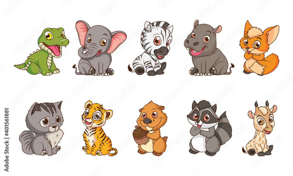 Fototapeta premium cute ten animals babies cartoon characters
