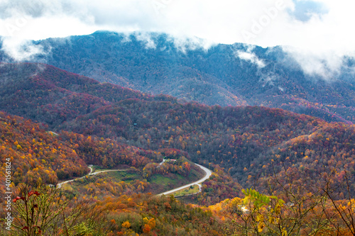 Smoky Mountains in Fall Color With Road