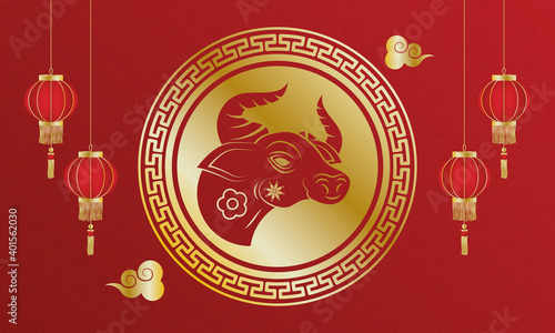 chinesse New Year ox head in golden seal and lamps