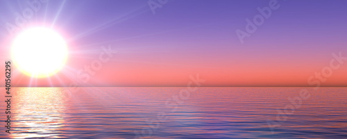 sunset sea sun ray clear sky. 3d rendering